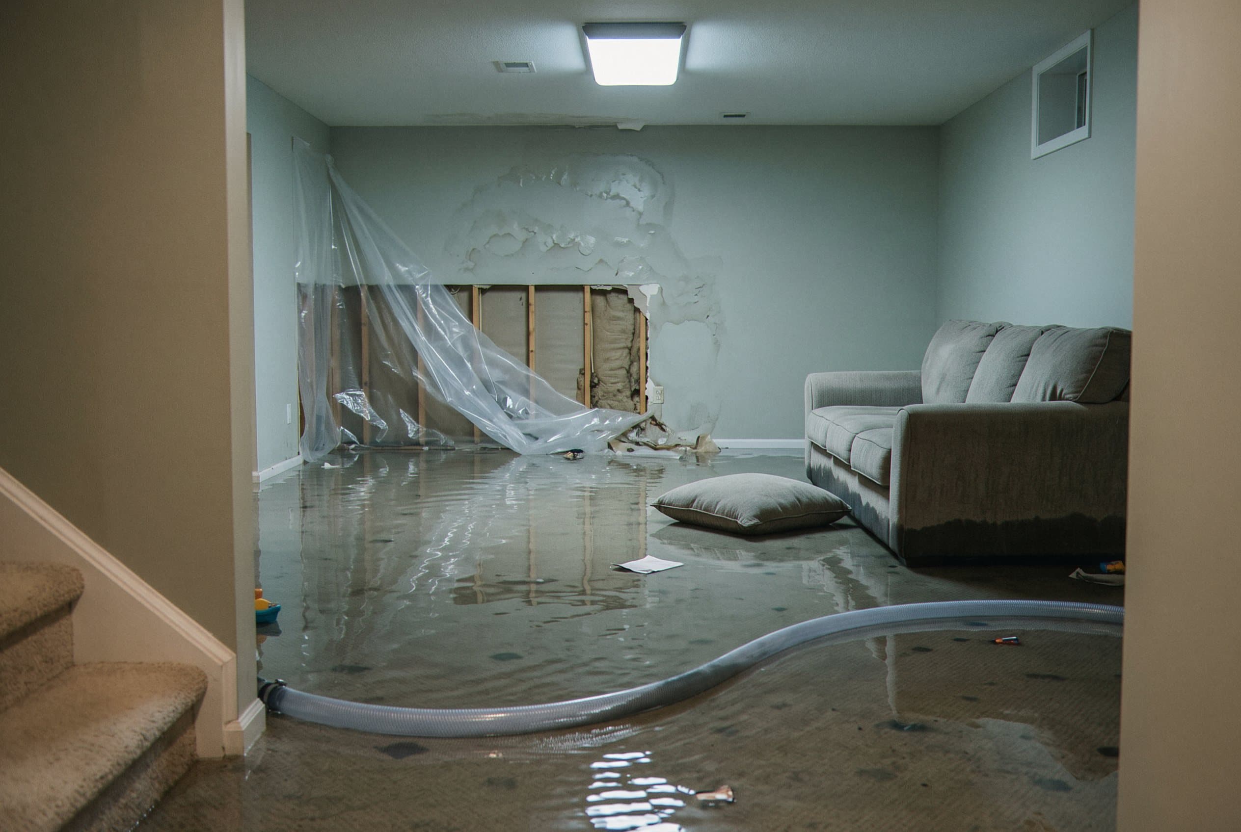 Basement with deep standing water during flood.