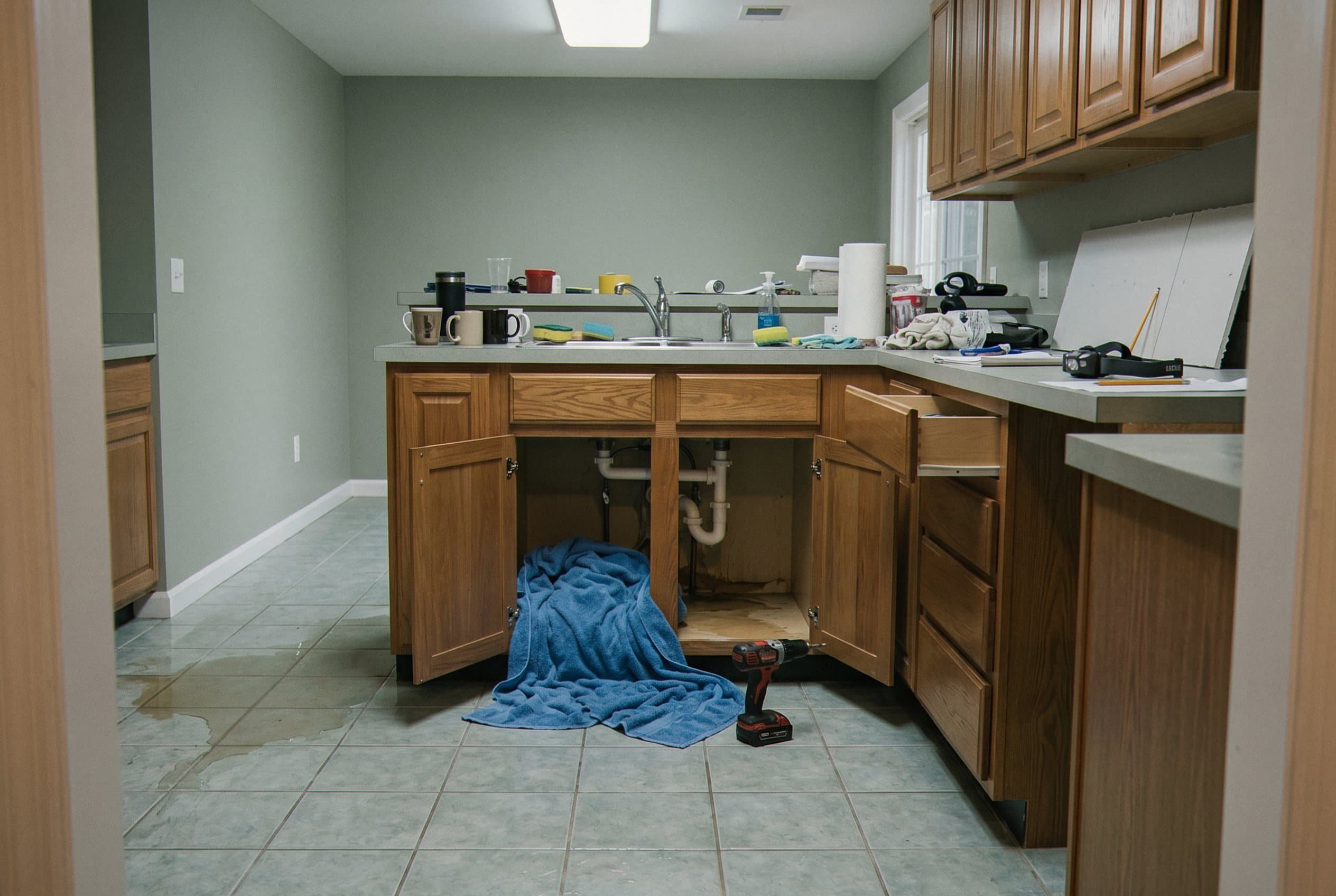 Kitchen water damage from burst supply line.