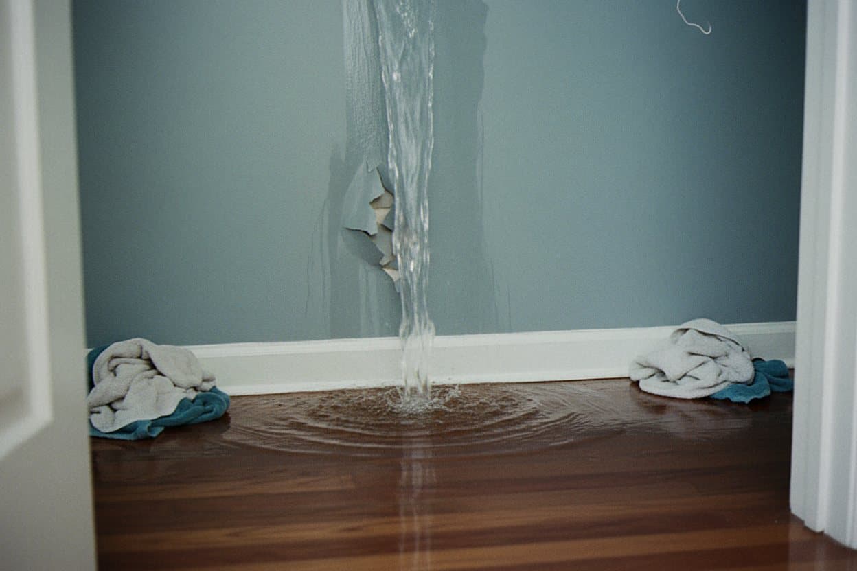 Burst pipe spraying water home interior