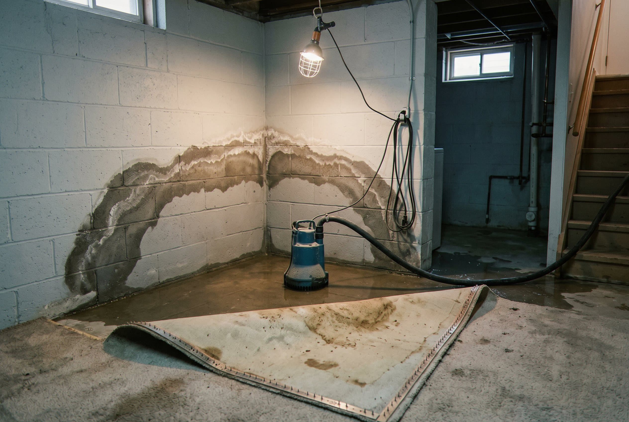 Air movers positioned throughout wet basement.