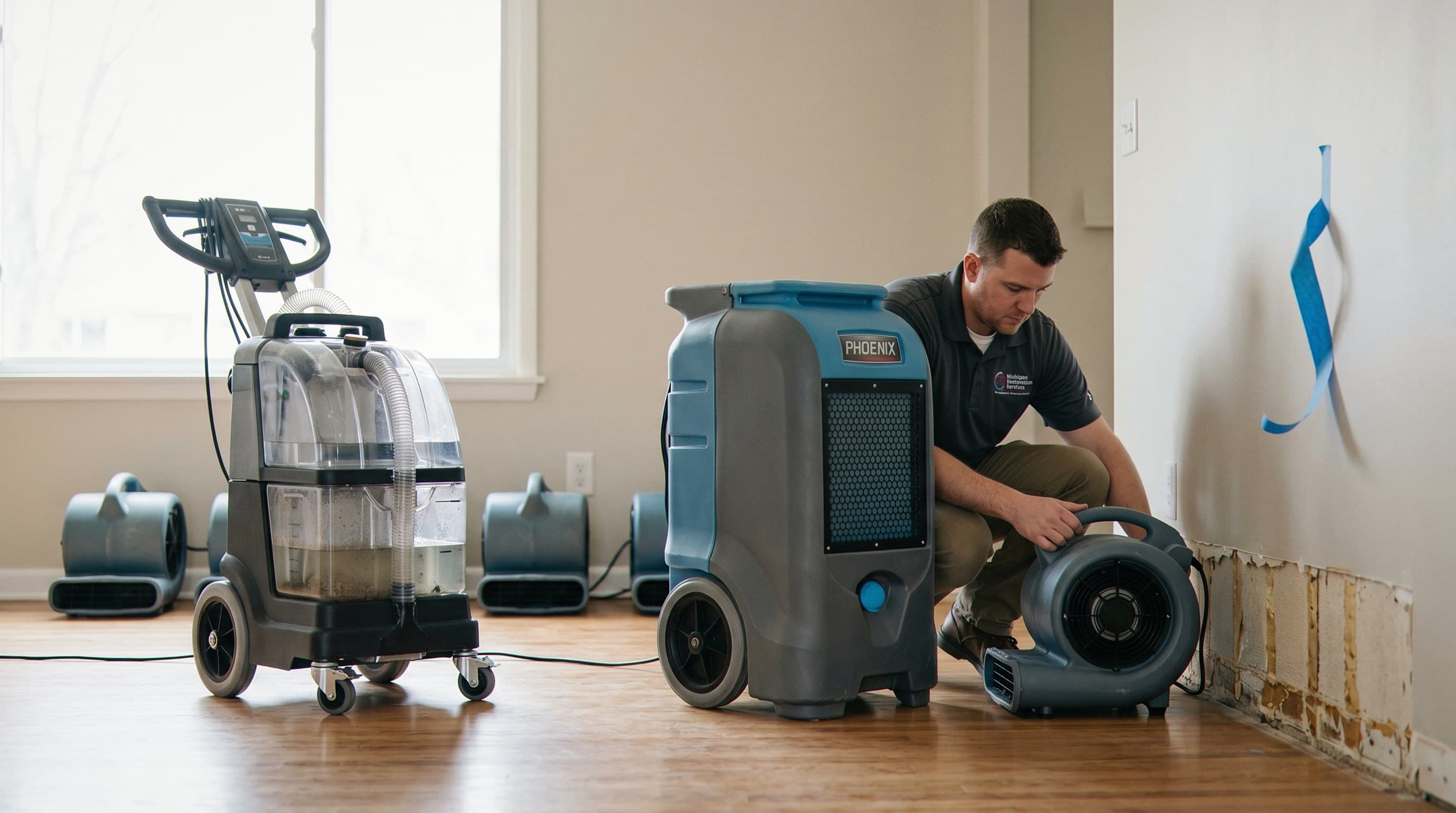 Drying equipment in operation with air movers.