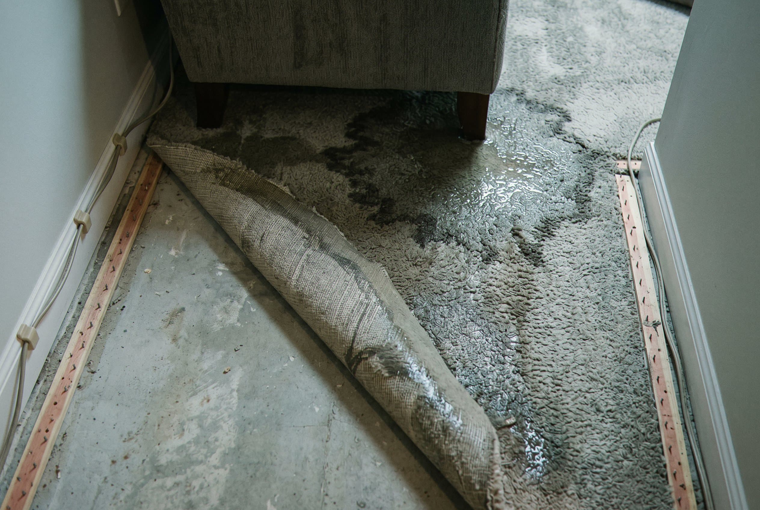 Water-soaked carpet and residential flooring