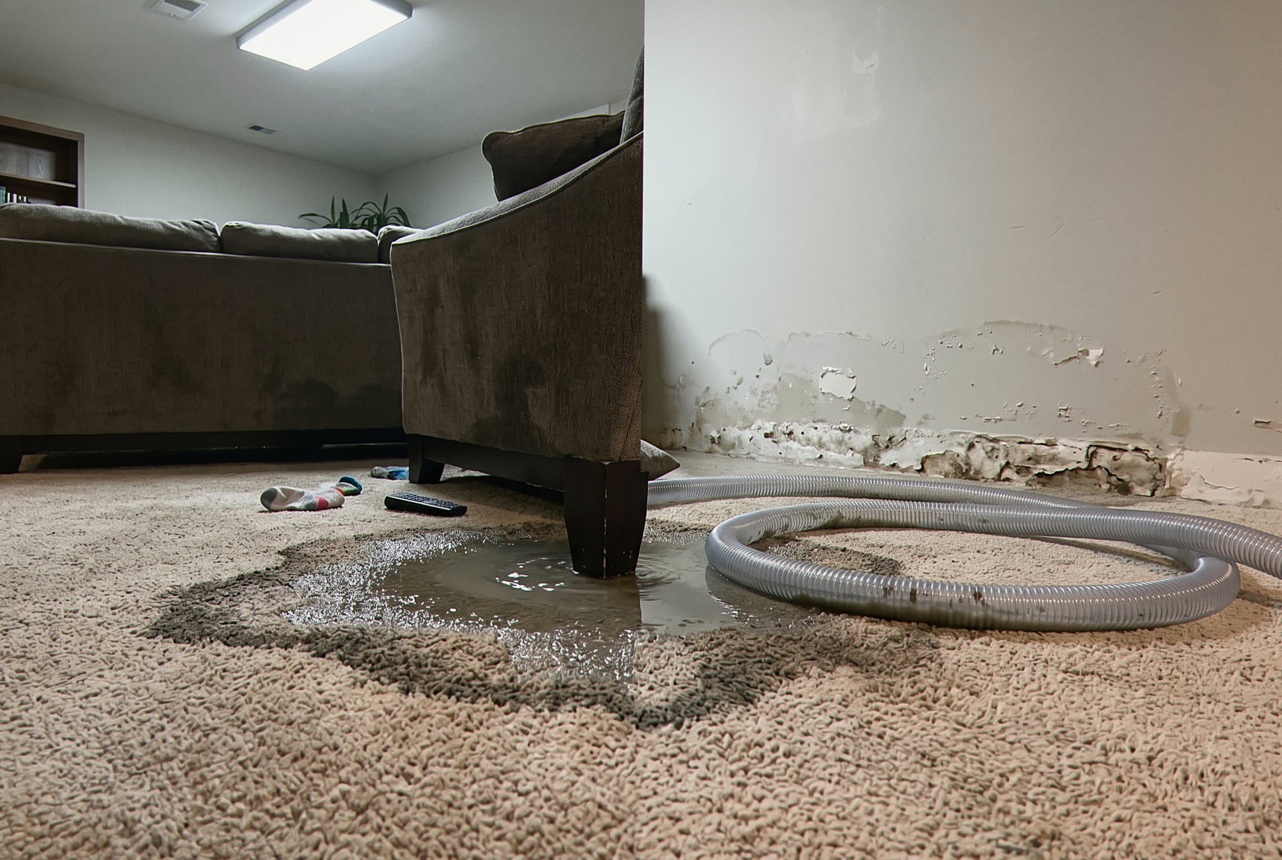 Standing water across flooded basement floor.