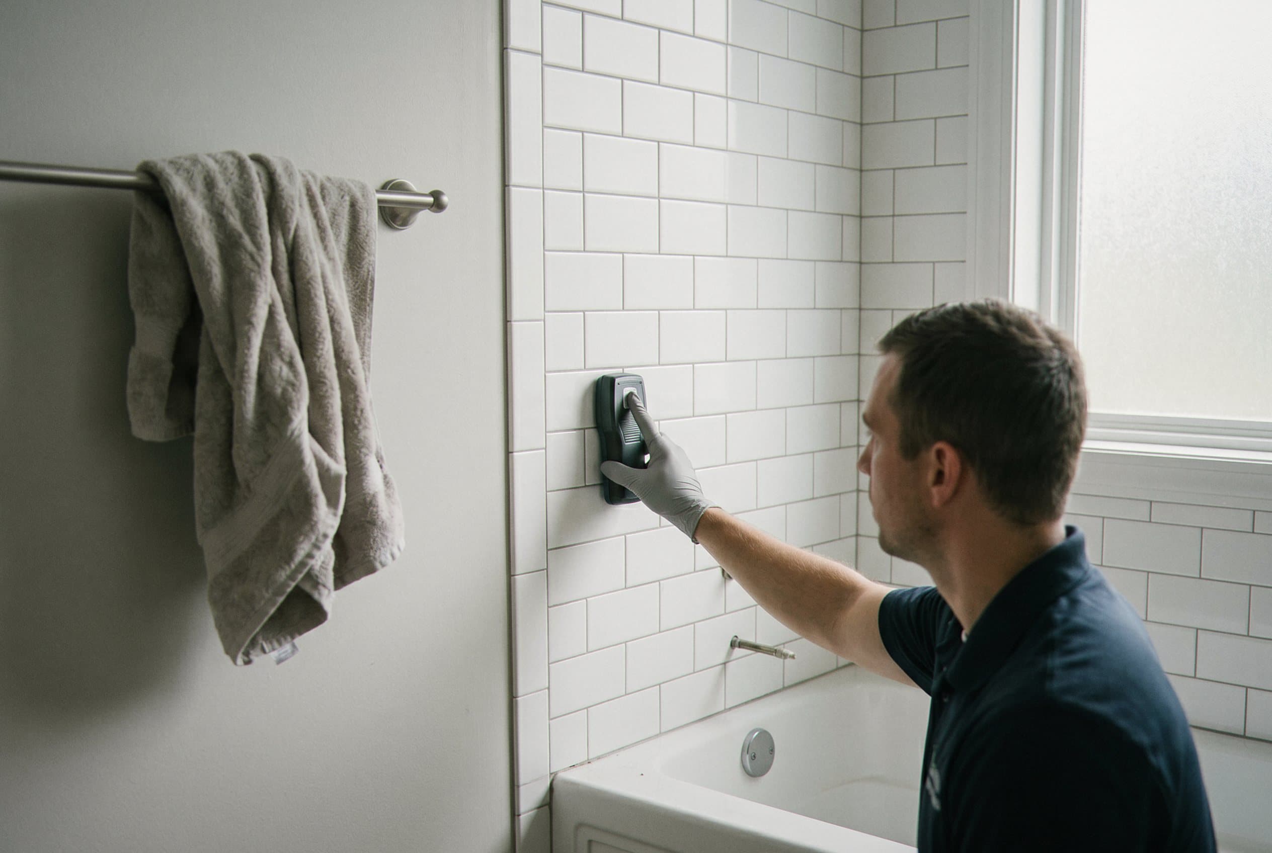 Technician measuring moisture content with meter